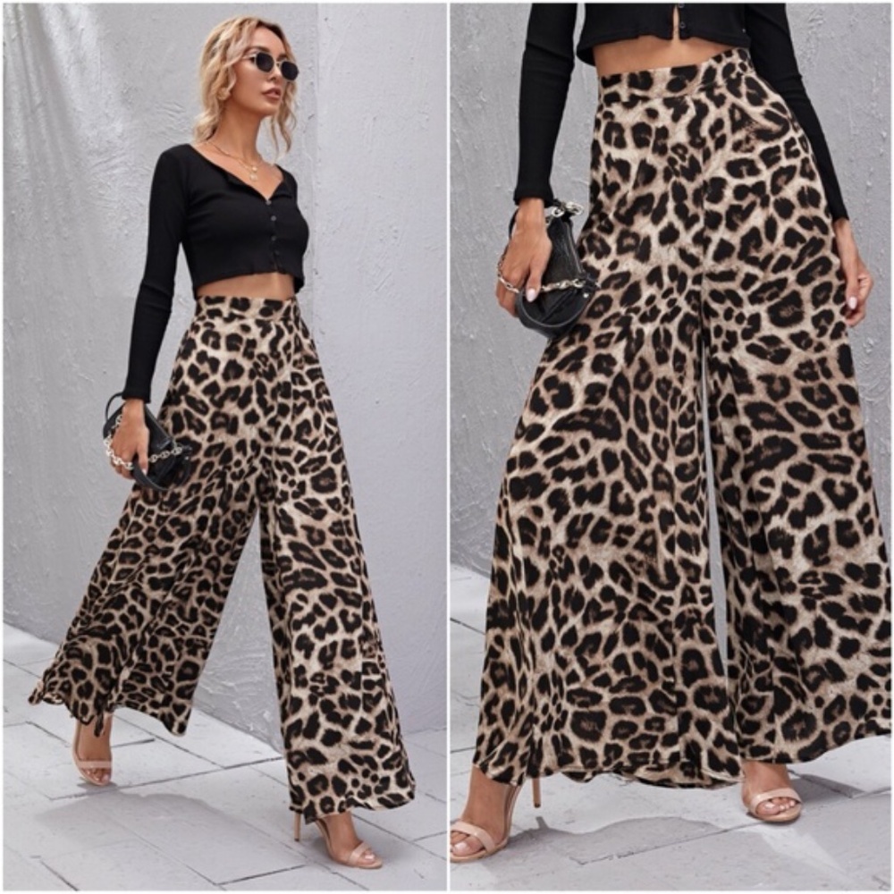 High waist leopard print palazzo Wide Leg pants tan black